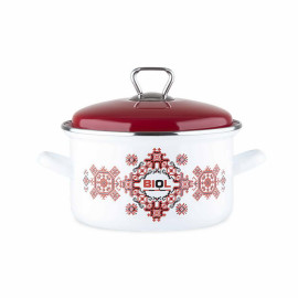 Enameled saucepan with a metal lid, embroidered red and black 4.6 l Enameled saucepan BIOL 4.6 l CE22V2