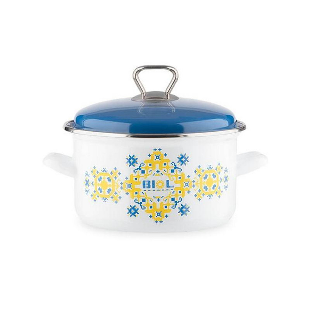 Enameled saucepan with a metal lid, embroidery yellow-blue 5.6 l Enameled saucepan BIOL 5.6 l CE24V1