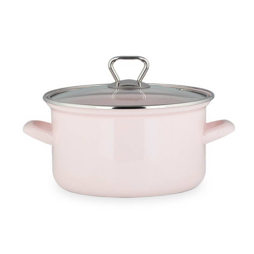 Enamel pot with glass lid, pink 3.1 l Enameled saucepan BIOL 3.1 l CE20P